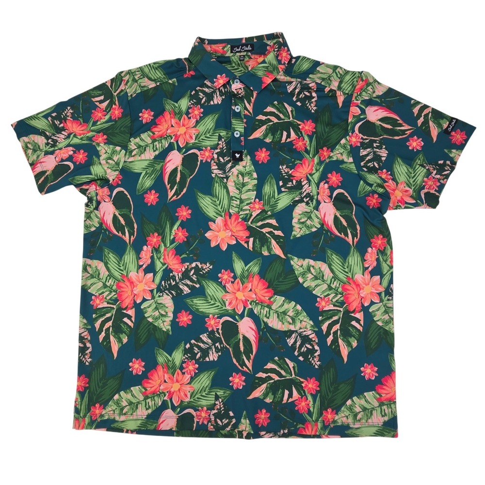 Bad Birdie Tropical Floral Golf Polo Mens 2XL Green Performance Stretch Shirt